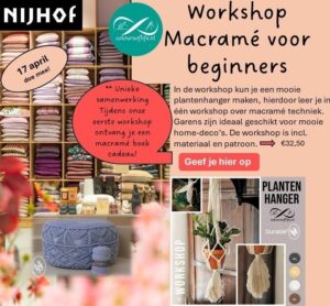 workshop macrame 17 april bij woonwarenhuis Nijhof
