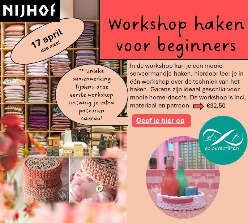 workshop haken 17 april bij woonwarenhuis Nijhof
