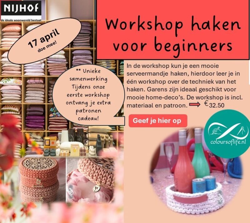 Workshop haken voor beginners op 17 april bij Nijhof in Baarn